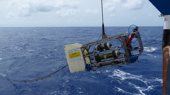 Fig. 1 Deep-towed electromagnetic instrument during deployment on a recent Blue Mining cruise (photo courtesy B. Murton).